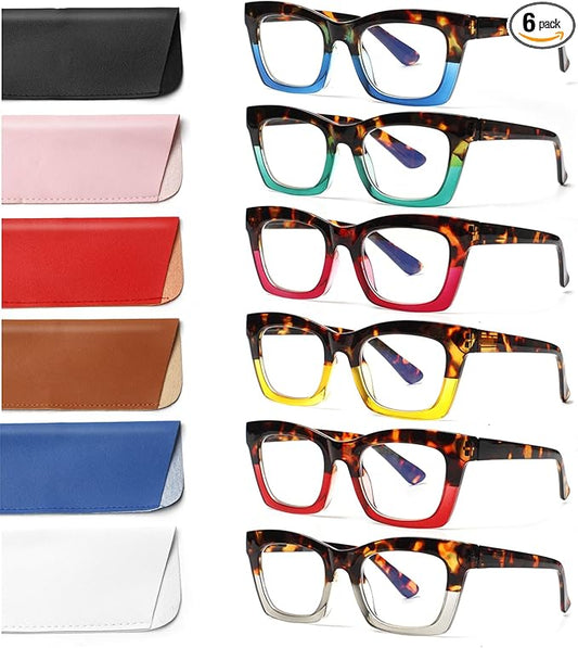 6 Pack Reading Glasses for Women Blue Light Blocking Computer Square Readers with Spring Hinge (Mix Color-1, 1.75, x)