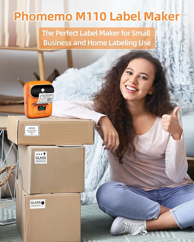 Phomemo Barcode Printer - M110 Label Maker Machine Wireless Bluetooth Themal Label Printer for Small Business, School, Barcode, Address, Jewelry, Clothing, Organizing, Orange