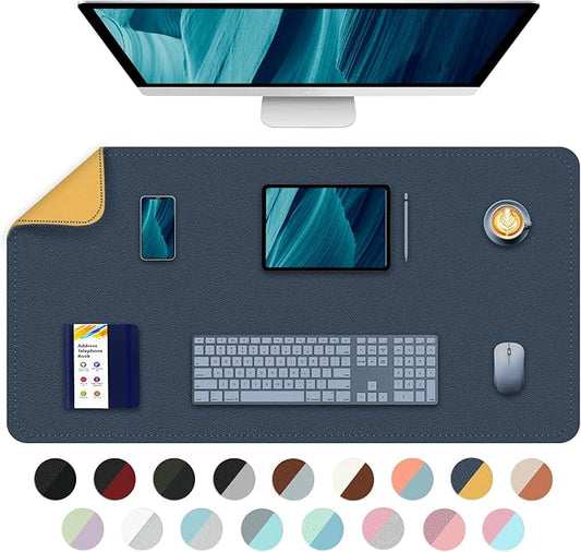 Bleswin Multifunctional Large Desk Mat, Double Sided Computer Desk pad, Extended Mouse Mat, Office Desk Protector with Waterproof PU Leather, 35.4''×16.9'', Office Home Writing Pad (Dark Blue+Yellow)