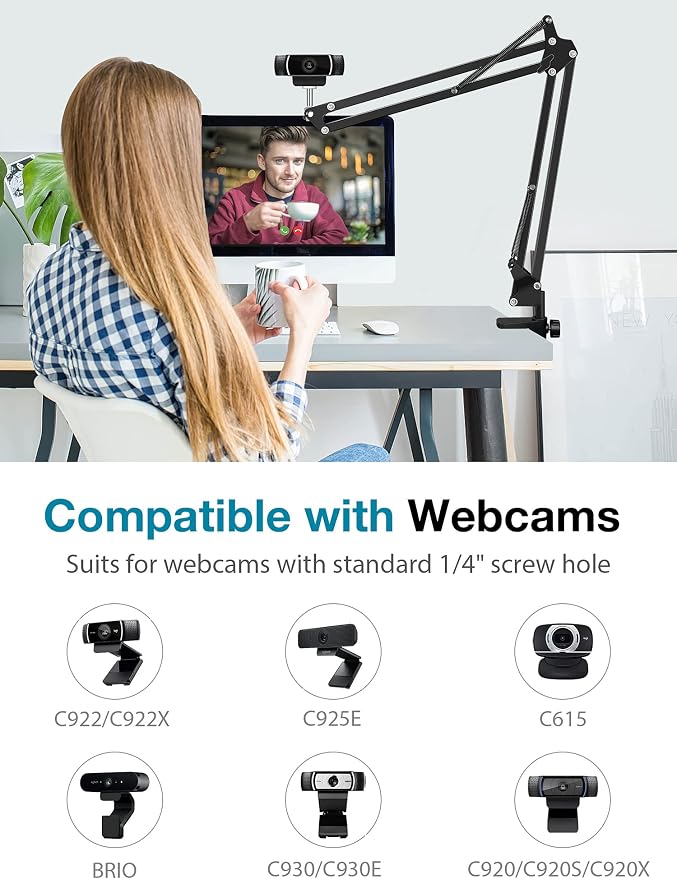InnoGear Webcam Stand, Boom Arm Mount Stand for Logitech Webcam BRIO 4K C920 C920S C922 C922x C925e C930 NexiGo N60, 1/4"-3/8" and 3/8"-5/8" Screw for Blue Yeti Snowball Yeti Nano and Other Mics - Image 2