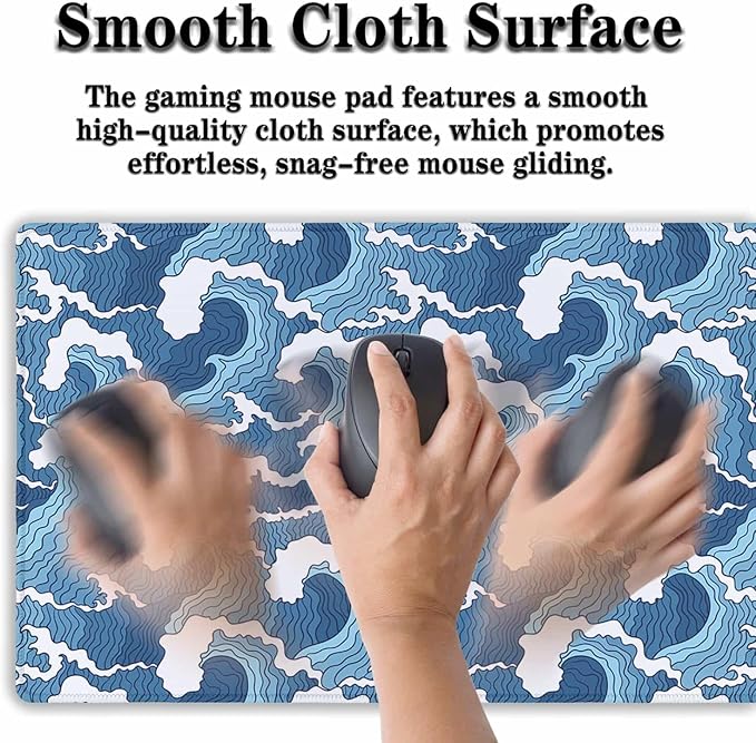Large Desk Pads Blue and White Desktop Pad, Pc Mouse Pad Keyboard Mat, Desk Pad Gaming Waterproof Non-Slip Rubber Base, 35.4 X 15.7 inch for Work/Game/Office/Home Japanese Abstract Waves