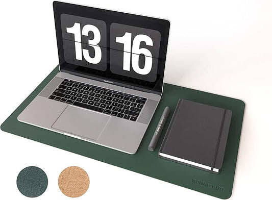 RENMTURE Dual-Sided Mouse Pad, Natural Cork & PU Leather Large Desk Pad for Office and Home Work, Desk Protector Non-Slip, Waterproof, Easy Clean (Dark Green, 23.6" x 13.7")