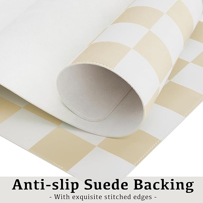 Checkered Desk Mat, Large Cute Aesthetic Retro PU Leather Computer Laptop Desk Mat, Non-Slip Waterproof Mouse Keyboard Pad, Desk Writing Mat for Work/Home (Beige, 23.6" x 13.7")