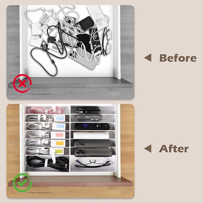 Cable Organizer Box with Wire Ties and Labels, Charger Cable Cord Storage Organizer with Adjustable Compartments, Desk Accessories Storage for Home, Office, Stackable（1Pcs）