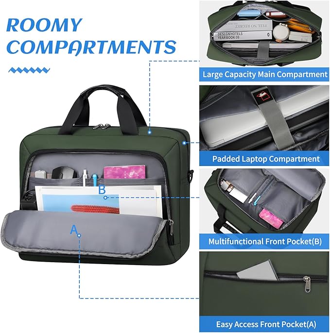 Laptop Bag 17.3 Inch Laptop Briefcase Large Waterproof Laptop Case for Men Women Business Office Work Computer Bag 17 Inch Adjustable Shoulder Messenger Bag, Green