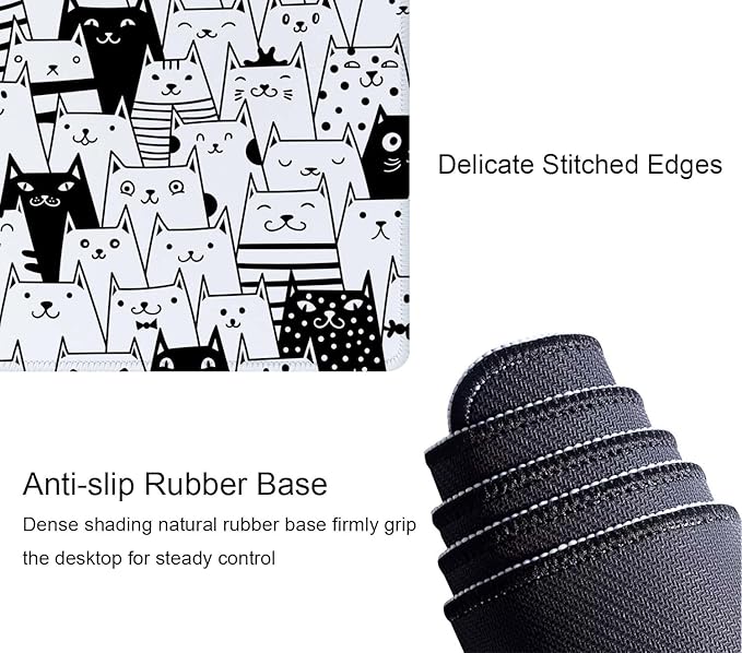 Large XL Gaming Mouse Pad - 31.5 x 11.8 Inch Extended Long Thin Desk Mat for Keyboard Mice with Cute Cartoon Black White Cats