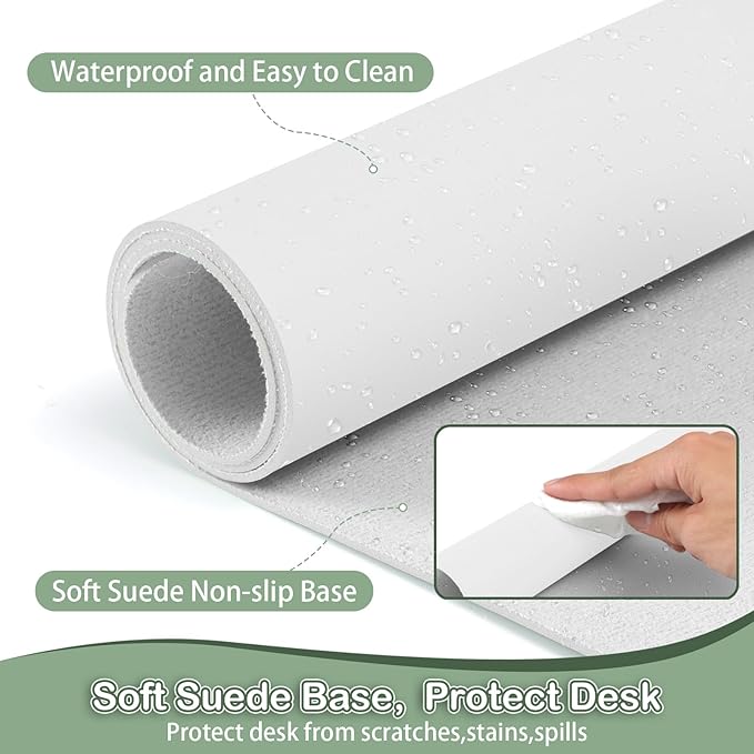 Boutilon Leather Desk Pad Protector,Non-Slip Mouse Pad,Laptop Desk Pad,Office Mouse Mat,Waterproof Leather Desk Blotter,Desk Writing Pad for Office and Home (L-White,35"x 17")