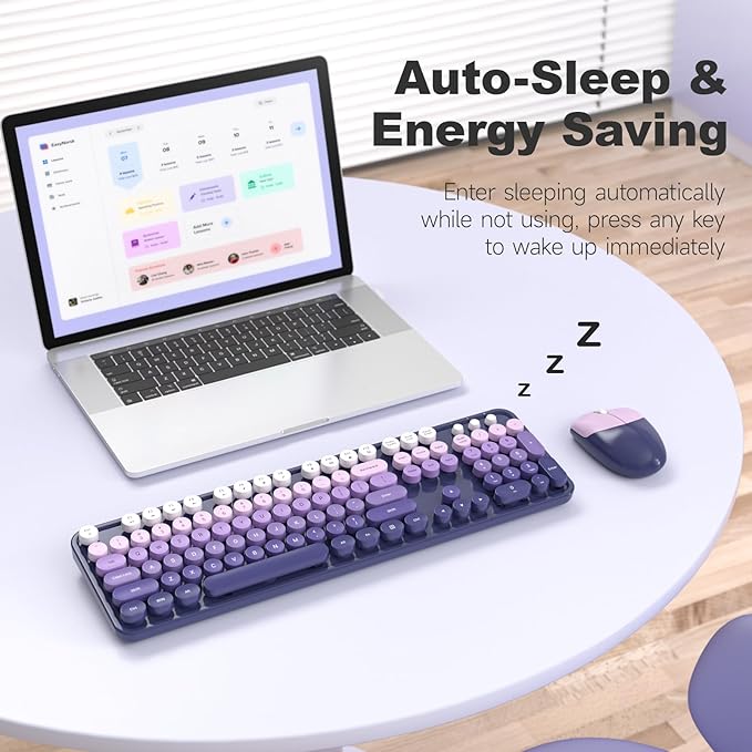 MOFII Wireless Keyboard and Mouse Combo, Full Size 2.4G Plug and Play Typewriter Retro Round Computer Keyboard and Mouse Set for Windows, Computer, Desktop, PC, Notebook - (Purple Gradient)