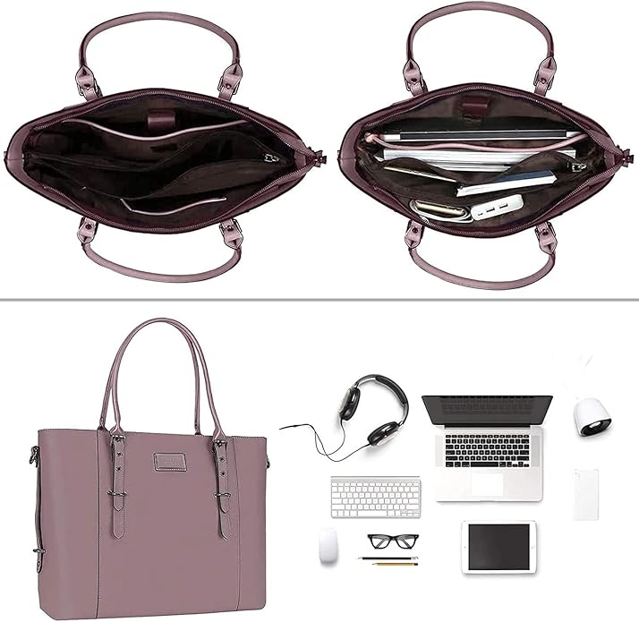 MOSISO Laptop Bag for Women, Waterproof Vintage PU Leather Briefcase Shoulder Computer Laptop Tote Bag for Office Work
