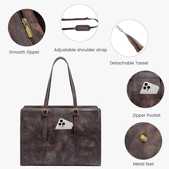 LOVEVOOK Laptop Bag for Women Vintage Leather Laptop Tote 15.6 inch Large Capacity Computer bag with Clutch Purse for Work