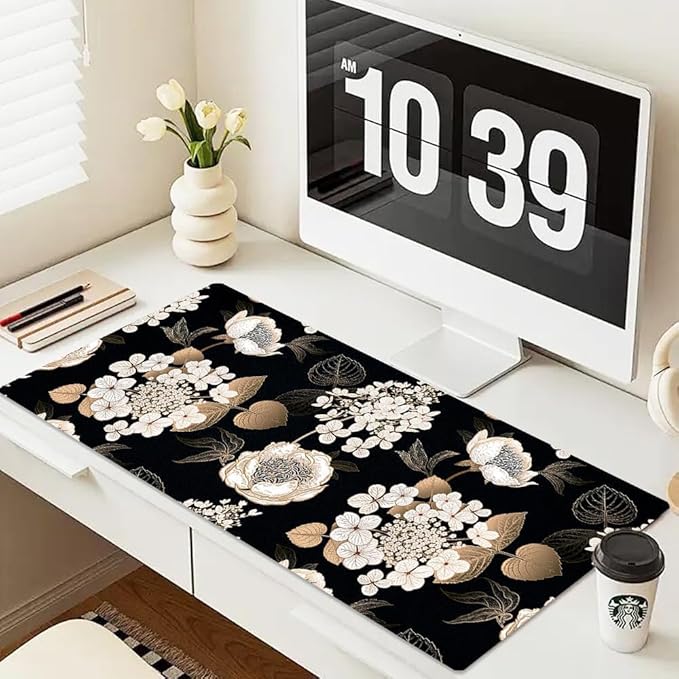 Large Mouse Pad, Desk Mat for Desktop, Dual Side PU Leather Waterproof Gaming Mousepad Desk Pad, Desk Protector Writing Pads Desk Accessories for Office and Home (C-Black Gold Flower, 31.5''X15.8'')