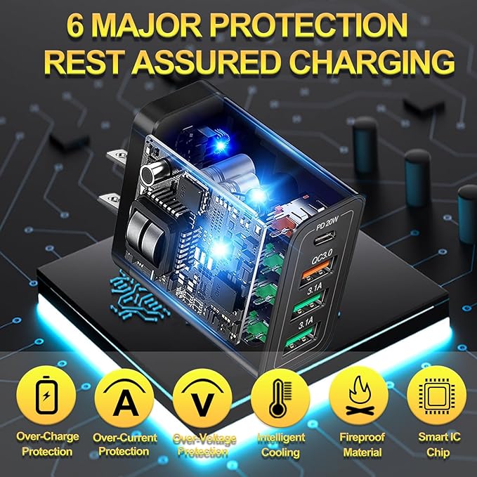 40W QC3.0 USB C Wall Charger, CARZONJX 4 Port PD+QC Power Adapter Fast Charging Blocks USB C Brick Multiport Cube for iPhone 15 14 13 12 11 XS XR X 8, iPad, Galaxy, Tablet, Notebook