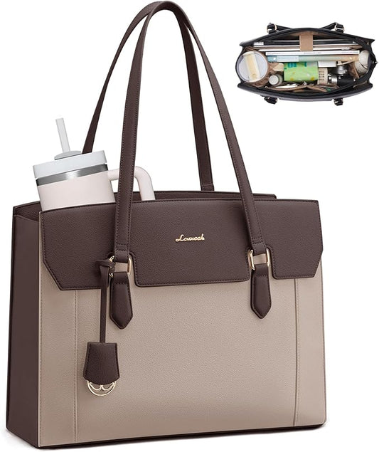 LOVEVOOK Laptop Tote Bag for Women,Computer Work Bag With Large Cup Holder,15.6 Inch Waterproof PU Leather Purse Briefcase for Teacher