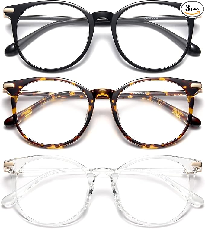 Gaoye 3 Pack Blue Light Blocking Glasses, Retro Round Eyewear Frame Anti Eyestrain Computer Glasses for Women Men - GY1688 (Black+Tea Leopard+Transparent)
