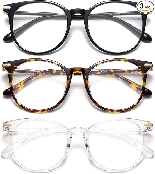 Gaoye 3 Pack Blue Light Blocking Glasses, Retro Round Eyewear Frame Anti Eyestrain Computer Glasses for Women Men - GY1688 (Black+Tea Leopard+Transparent)