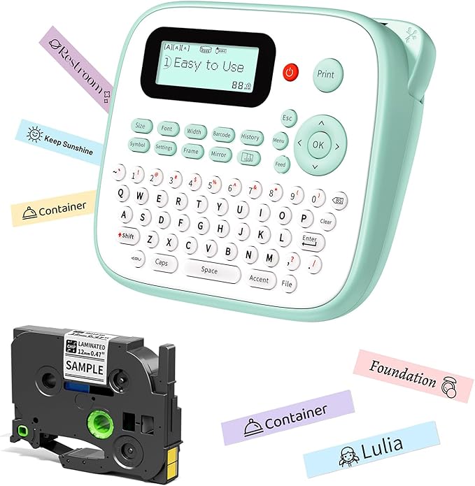 Label Maker Waterproof-Labels, Desktop Label Maker for Kids, D210S Handheld Labeler Machine with Tape-12mm 0.47 Laminated White, Multiple Symbols for Home Office School Kids Teachers Gifts