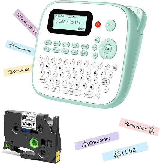 Label Maker Waterproof-Labels, Desktop Label Maker for Kids, D210S Handheld Labeler Machine with Tape-12mm 0.47 Laminated White, Multiple Symbols for Home Office School Kids Teachers Gifts