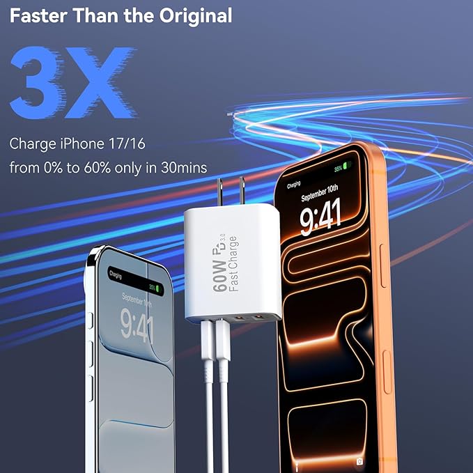 USB C Wall Fast Charger Block, 60W 4-Port Type C Charger Fast Charging Blocks +QC 3.0 USB C Multiport Charger Brick for Phone 16/15/14/13/12 Pro Max, Pad, Galaxy S24/23