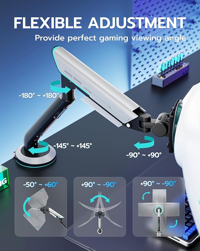 ARES WING Single Monitor Mount, Heavy-Duty Gaming Monitor Arm fits for 24"-57" Ultrawide Screen, Adjustable Computer Monitor Stand Holds Up to 60LBS with VESA Mount, Clamp & Grommet, White