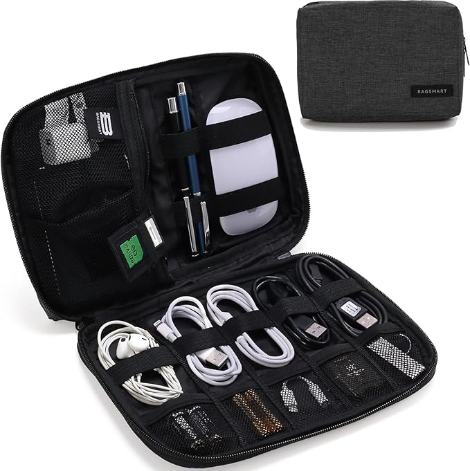 BAGSMART Electronics Organizer Travel Case, Small Cord Bag for Travel Essentials, Tech bag for Men Women, Cable Organizer for Phone, SD Card, Black