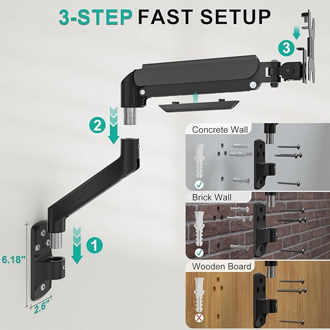 WALI Computer Monitor Wall Mount for 17 to 32 Inch Screens, Single Monitors Mount Holds up to 22lbs, Fully Adjustable Wall Mount Monitor Arm, 75x75/100x100mm VESA Mount (GSWM001), Black
