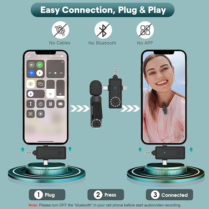 3 in 1 Wireless Mini Microphone for iPhone Android Phone Camera - Bluetooth Lavalier Lapel Mic for Video Recording - Clip on Shirt Microphones for Tiktok YouTube Podcast Vlogging