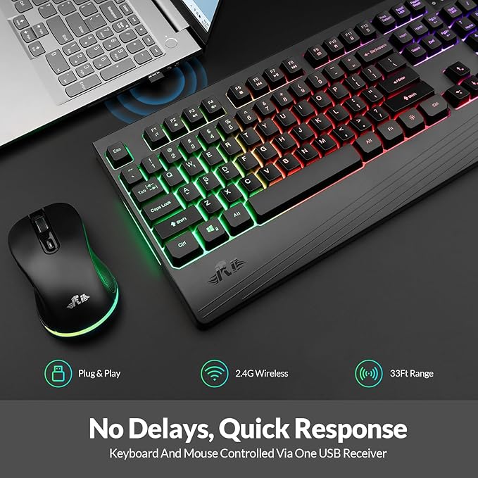 Rii RK210 Wireless Keyboard and Mouse Combo,2.4GHz Full Size Rechargeable Gaming RGB Keyboard and Mouse for Gaming,Office