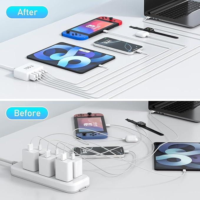 USB C Fast Charger Block, 100W GaN 6 Port PD USB C Wall Charging Station Hub, Type C Power Adapter Plug Cube Brick Box for Apple iPhone 17 16 15 14 13 12 Pro Max,iPad, MacBook Pro/Air/, Samsung Galaxy