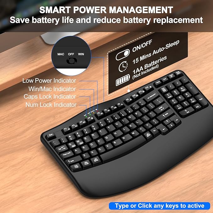 EDJO Ergonomic Wireless Keyboard with Wrist Rest, Wave Keys, Comfortable Natural Typing, 2.4GHz Ergo Wireless USB Computer Keyboard for Multi-OS, Windows, Mac OS, Laptop, PC (Black)