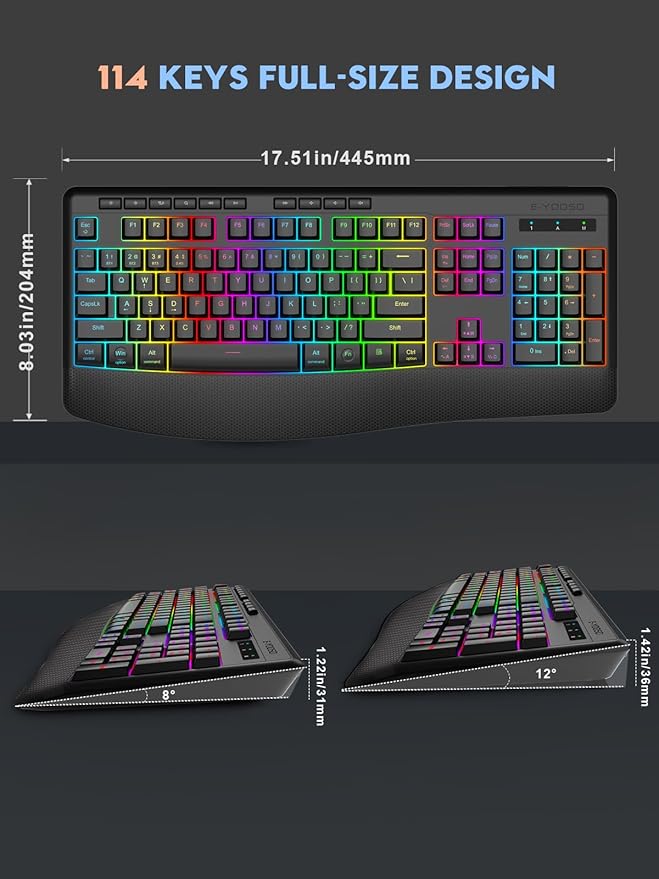 E-YOOSO RGB Wireless Keyboard, 3-Mode (2.4G/BT/USB), 9 Effects Backlits, Light Up Letters, Rechargeable Ergonomic Computer Silent Keyboard with Wrist Rest for Windows, Mac, PC, Laptop, Games