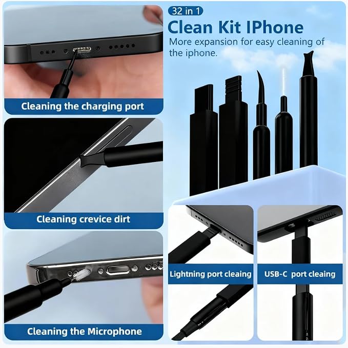 32 in 1 Cell Phone Cleaning kit with Charging Port Cleaner,Stylus Pen,SIM Tool,Keyboard Brush,Speaker Brush,Electronic Cleaning kit for iPhone,AirPods,iPad,Keyboard,MacBook,Earbud,Camera Lens(Black) - Image 2