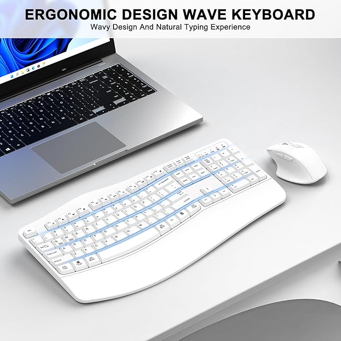 Wireless Keyboard and Mouse Combo, 2.4G Full Size Wave Keys Ergonomic Keyboard with Wrist Rest and 3-Level DPI Adjustable Wireless Ergonomic Mouse for Windows, Mac OS Desktop/Laptop/PC(White)