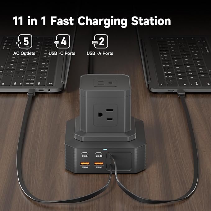 Charging Station (100W), 11-in-1 USB C Power Strip with Surge Protection, 6.6Ft Extension Cord, 4 USB C and 2 USB A Ports, 5 AC Outlets for Home Office Dorm Room