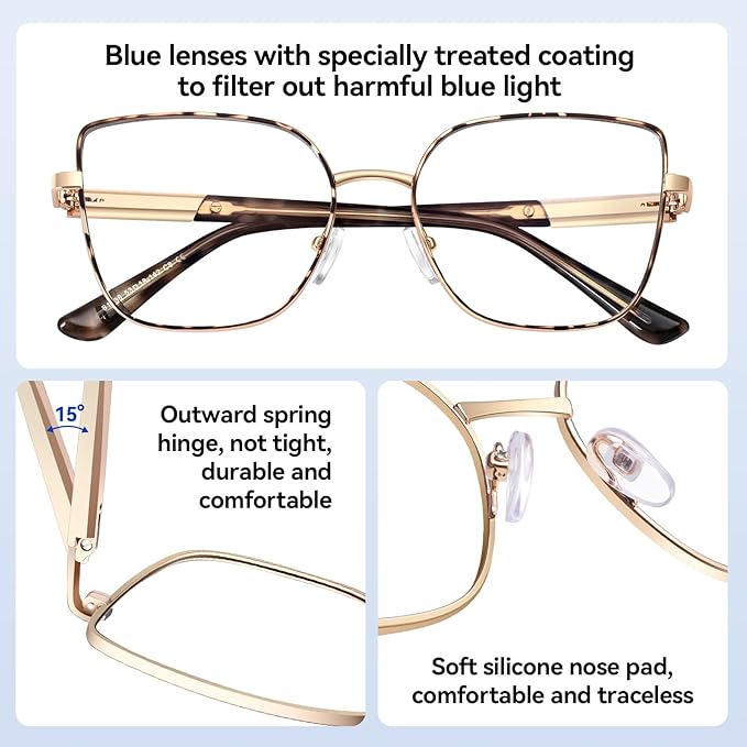 Dollger Square Blue Light Blocking Glasses for Women Trendy Oversized Computer Gaming Eyeglasses Cat Eye Metal Frame bluelight glasses(tortoise)