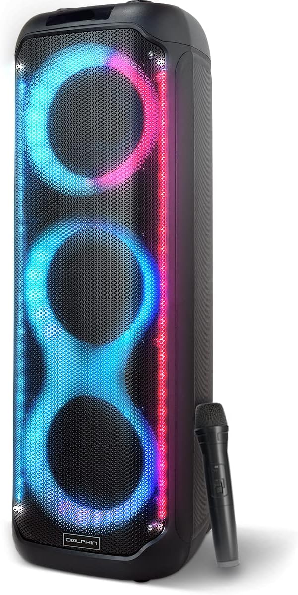 Dolphin KaraokeBox 380: Triple 8" Bluetooth Party Speaker – Powerful Sound System, Long-Lasting Rechargeable Battery, LED Lights, 35-Inch Tall, Portable Design, AUX/USB/TF/Bluetooth Connectivity