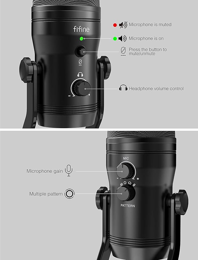 FIFINE USB Studio Recording Microphone Computer Podcast Mic for PC, PS4, Mac with Mute Button & Monitor Headphone Jack, Four Pickup Patterns for Vocals YouTube Streaming Gaming ASMR Zoom-Class (K690)