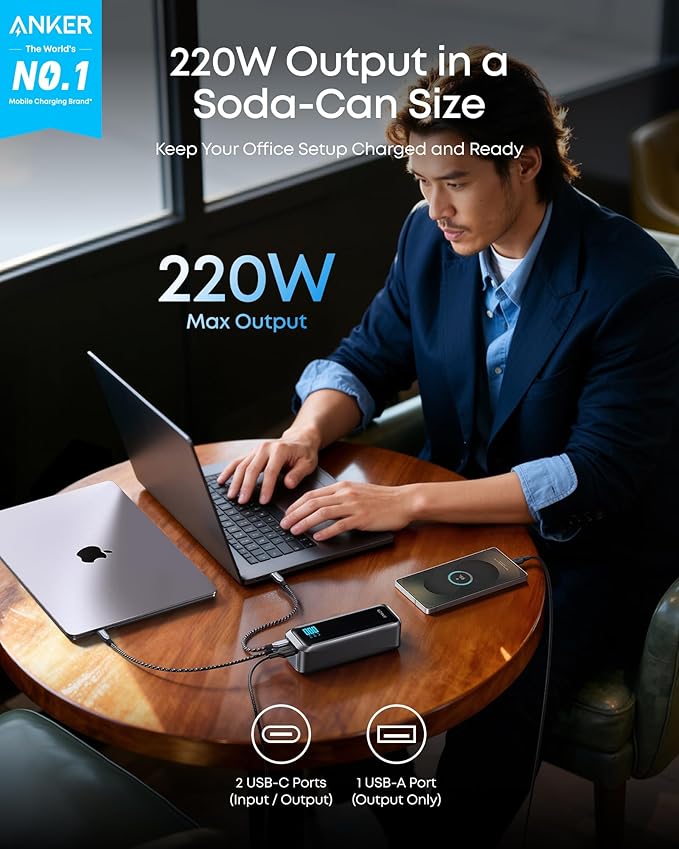 Anker Prime Power Bank, 20,100mAh 3-Port Portable Charger with 220W Max Output, Two-Way Charging, TSA-Approved, App Control, for MacBook, iPhone 17/16 Series, and More (Base Not Included)