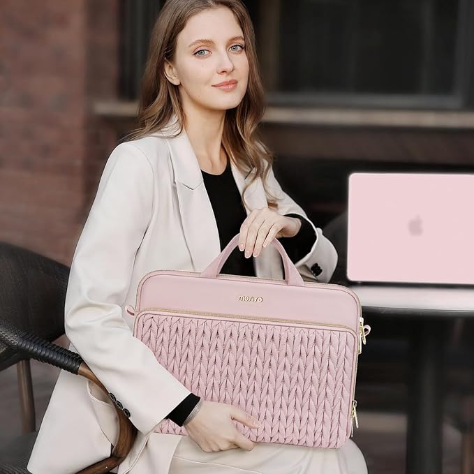 MOSISO 15.6 inch Laptop Shoulder Bag for Women, 15-16 inch Computer Bags Compatible with MacBook Pro 16 inch/Air 15 inch,HP Dell Lenovo ASUS, Wheat Ear Quilted Laptop Bag with Handle&Pocket, Pink