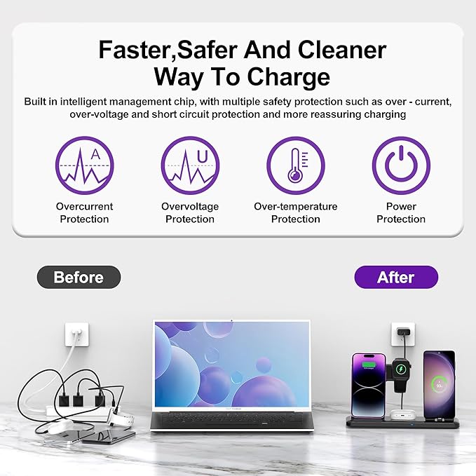 Wireless Charger for iPhone Charging Station, Foldable 4 in 1 Fast Charging for iPhone 16 15 14 13 12 Pro Max Plus, Charger Stand for Apple Watch & Airpods 4 3 2 Pro,for Samsung Series Black