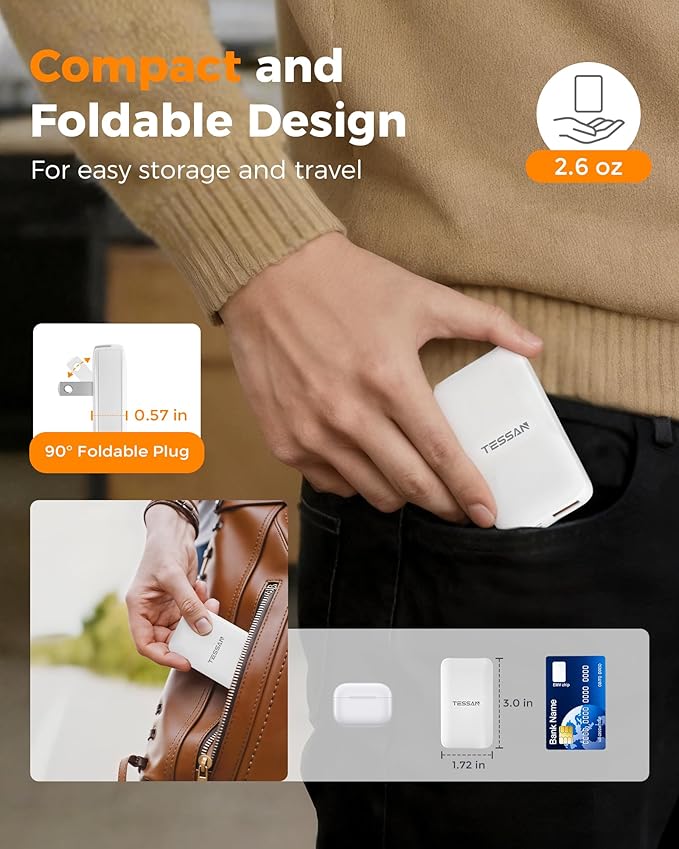 Flat Wall Charger USB C PD 45W, TESSAN Flat USB Wall Plug Foldable, Outlet Adapter Fast Charging Block, Ultra Slim Charger Compatible with iPhone 17/16/15 Series and Samsung Galaxy Models, Travel