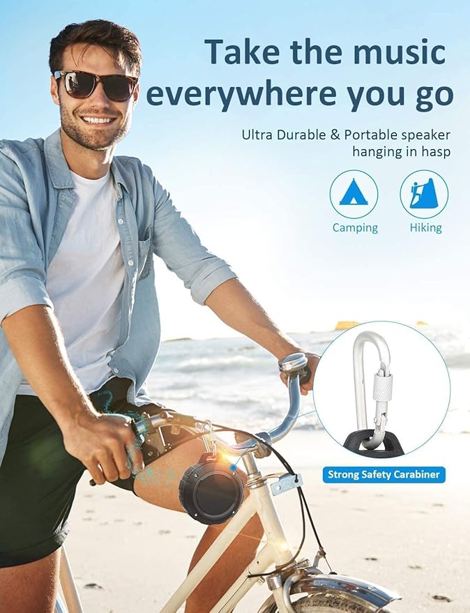 Kunodi Outdoor Waterproof Bluetooth Speaker, Wireless Portable Mini Shower Travel Speaker with Subwoofer, Enhanced Bass, Built in Mic for Sports, Pool, Beach, Hiking, Camping