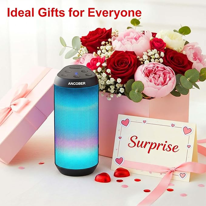 Portable Wireless Bluetooth Speaker with HD Powerful Stereo Sound, 8 Cool LED Light Modes, IPX4 Waterproof, 30H Playtime, TWS Pairing, BT5.3 with AUX-in, for Outdoor/Home/Party, Ideal Gift