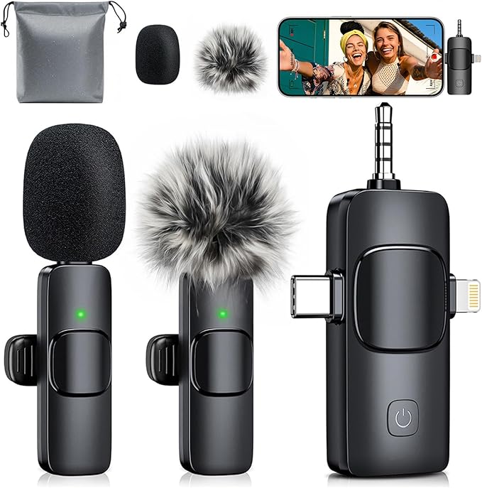 3-in-1 Mini Microphone for iPhone: Wireless Lavalier Microphone with 80ft Range & 15H Battery - Noise Reduction Lapel Mic, Real-Time Monitoring for Video Recording, Vlog, Bright Black