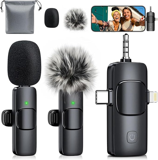 3-in-1 Mini Microphone for iPhone: Wireless Lavalier Microphone with 80ft Range & 15H Battery - Noise Reduction Lapel Mic, Real-Time Monitoring for Video Recording, Vlog, Bright Black