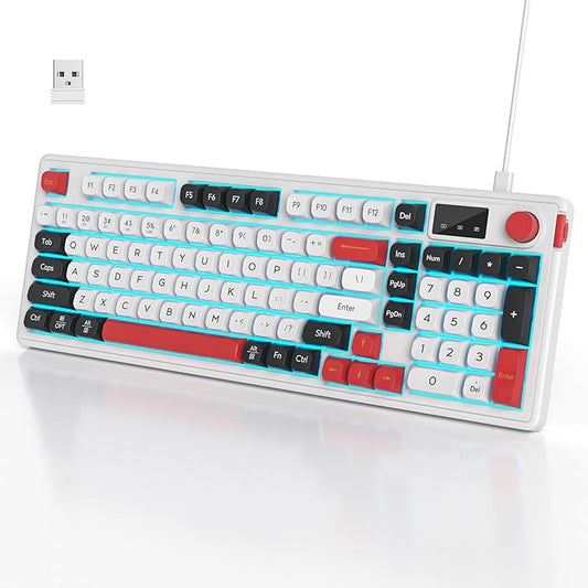 96% Wireless Keyboard with Number Pad and Knob,3-Modes Wired/Bluetooth 5.0/2.4G 98 Keys ABS Ball Caps RGB Quiet Mechanical Feel Membrane Gaming Keyboard for Win/Mac（White）