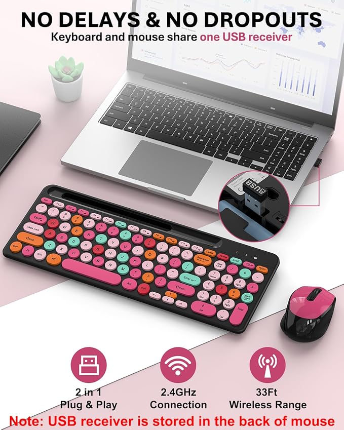 Colorful Wireless Keyboard and Mouse Combo - Round Keycaps, 2.4GHz Retro Typewriter Keyboard with Number Pad, Cute Compact USB Keyboard and Mouse for Computer PC Desktop Laptop (Pink & Black Colorful)