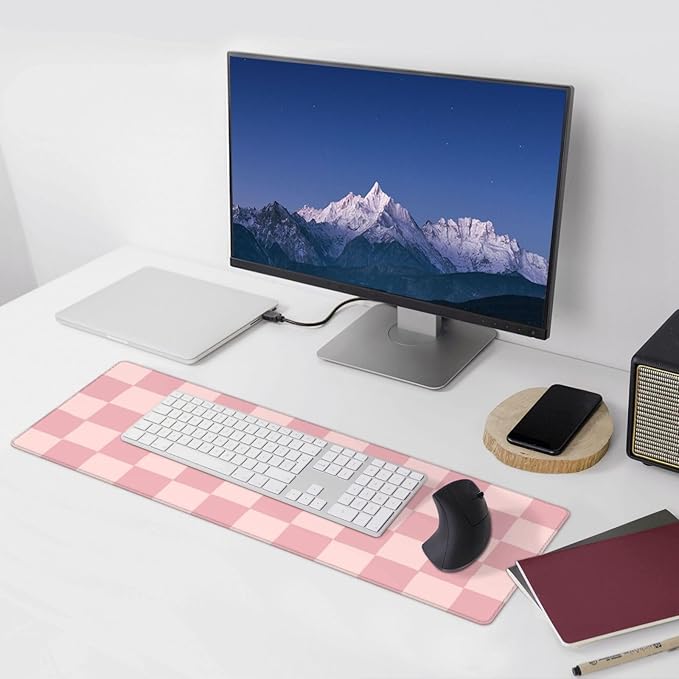 Pink Checkered Gaming Mouse Pad Desk Mat for Home and Office, Large Mousepad Extended Keyboard Pad Stitched Edge Accessories Decor