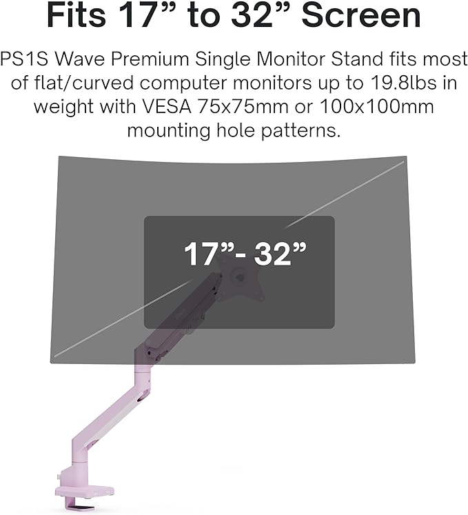 Pixio PS1S Wave Pink Single Monitor Arm Stand Desk Mount - Fits up to 32 inches Monitors and up to 19.8lbs. VESA Compatibility and Integrated Cable Management