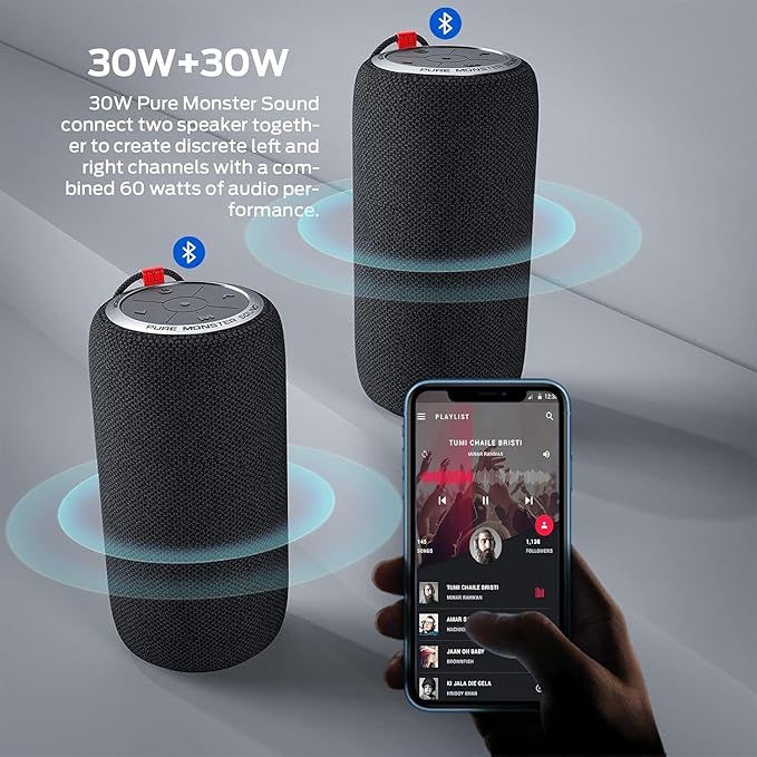 Monster S310 Upgraded Bluetooth Speaker, 30W Portable Speaker, 360° Stereo Sound with Punchy bass, TWS Pairing, IPX6 Waterproof, Bluetooth 5.2, 24H Playtime, Perfect for Home, Outdoor, Beach, Black