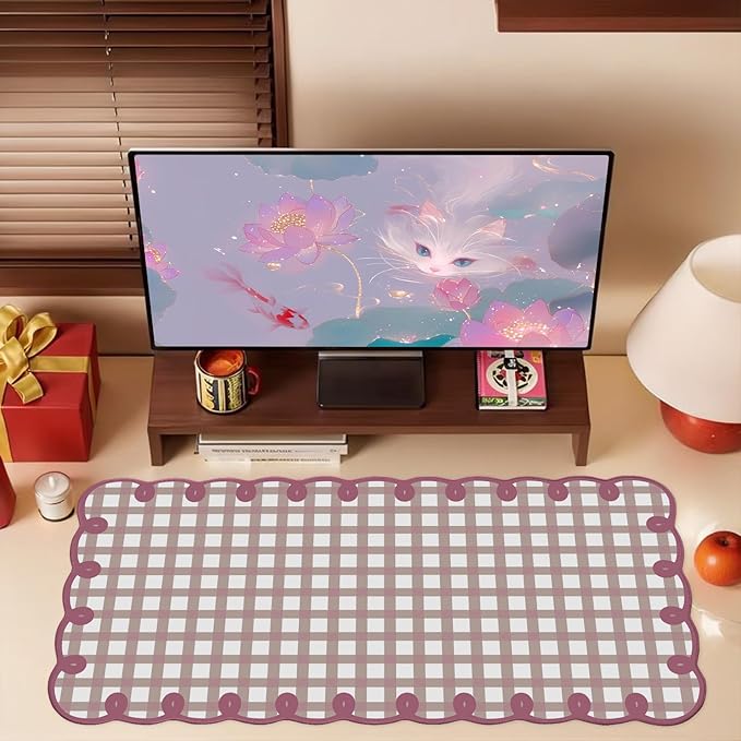 Cute Purple Pink Scalloped Desk Mat Kawaii Pastel Retro Checkered Large Mouse Pad Aesthetic Vintage Cozy Office Desk Decor for Women Girl Stitched Pad for Computer Keyboard & Mouse 31 * 15.7in